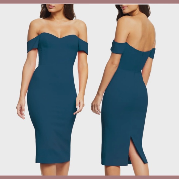 NWT $178 Dress the Population‎ [ Medium ] Bailey Off Shoulder Bodycon Dress Blue - Picture 2 of 12
